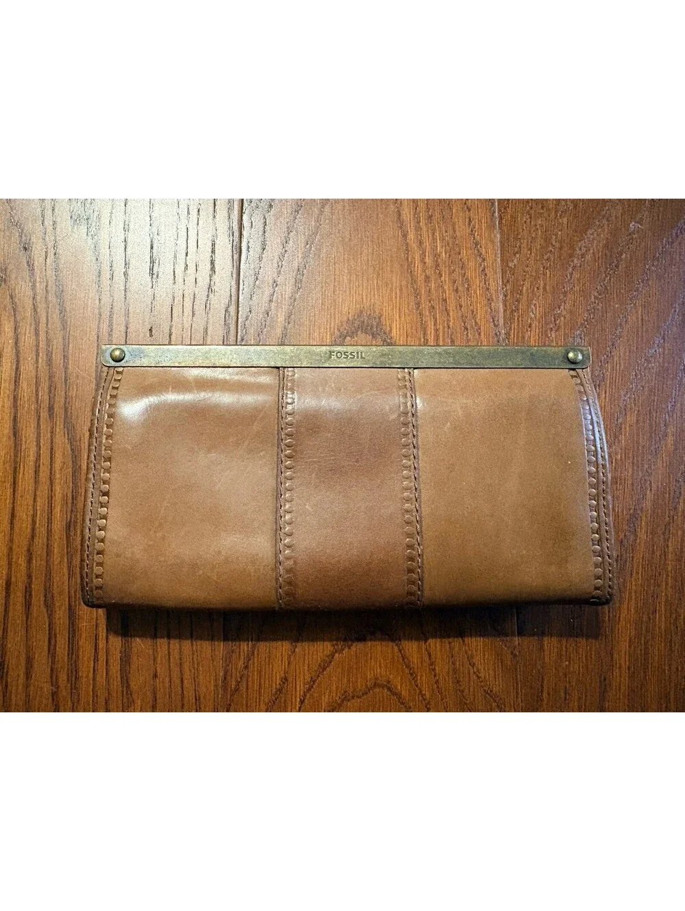Fossil Leather Frame Clutch Wallet Brown Brass Vintage
